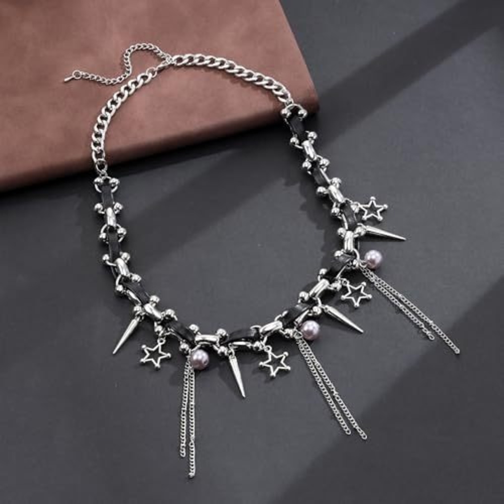 Punk Rock Silver Spike Star Pearl Choker Necklace Black Goth Grunge Statement